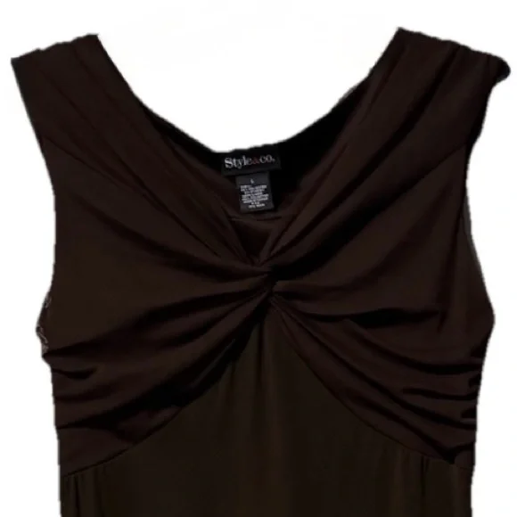Style & Co Brown Ruched Twist Front Midi Dress | Stretchy Sheer Layered L - Picture 6 of 7